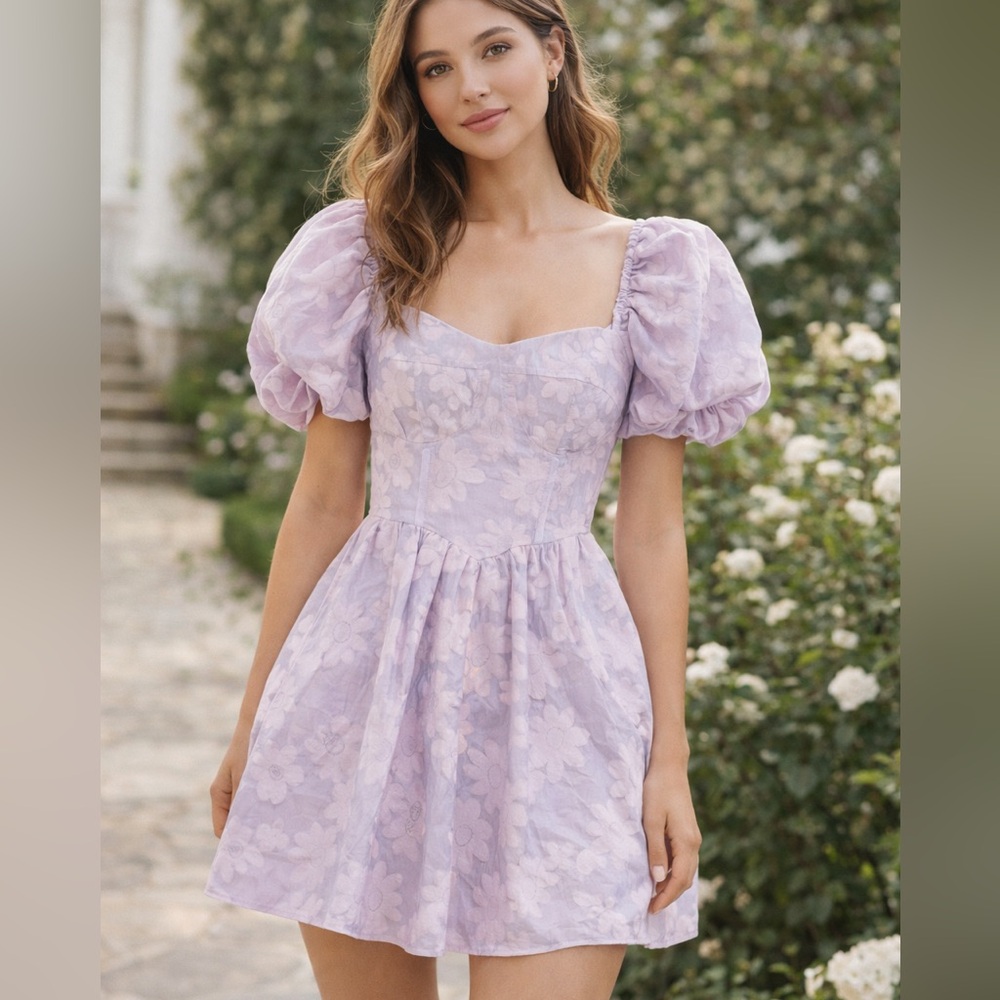 Cloud Ten Lavender Floral Jacquard Puff Sleeve Mini Dress Women’s Size Small